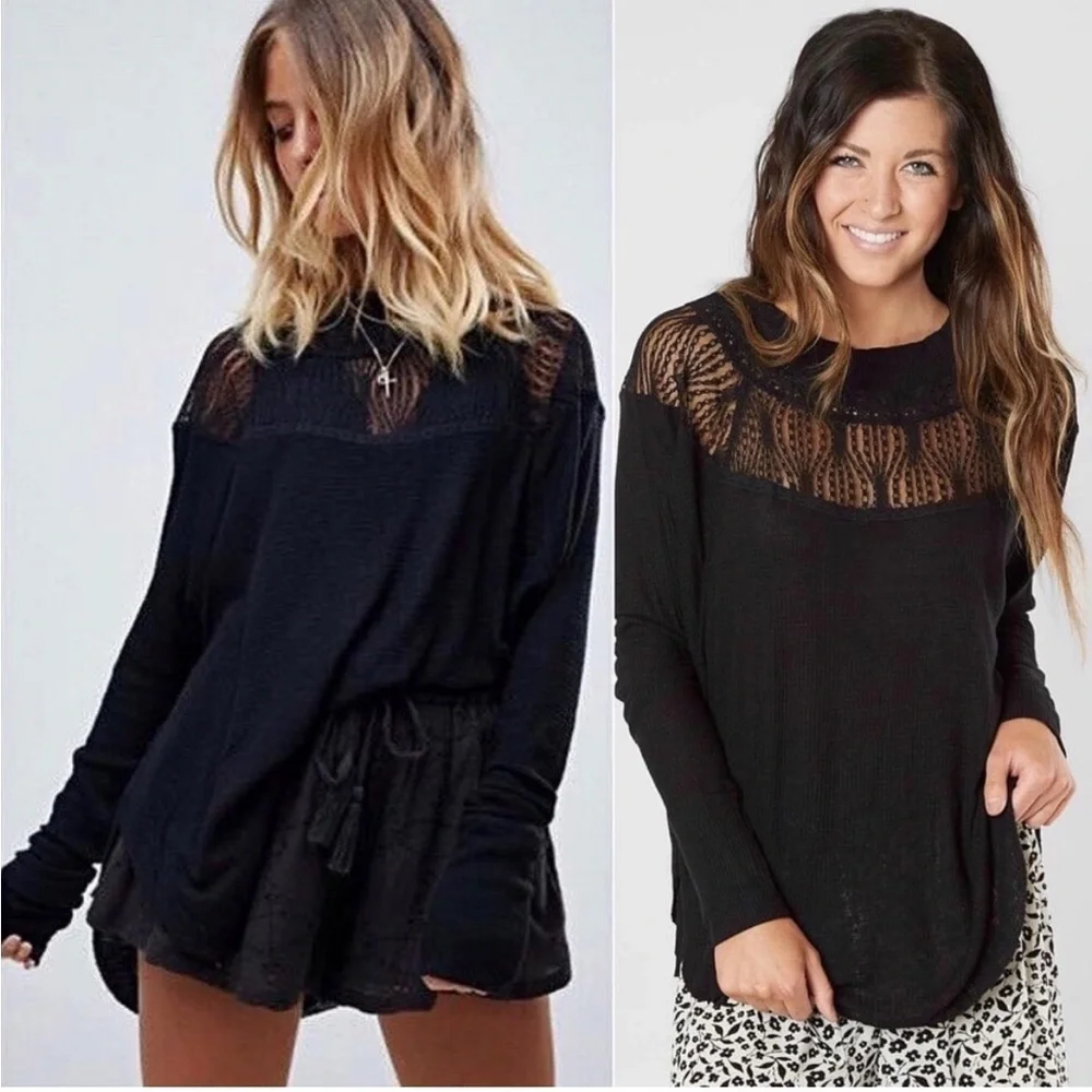 FREE PEOPLE Lace Trim Neckline Oversized Dolman Long Sleeve Thermal Knit Top XS‎